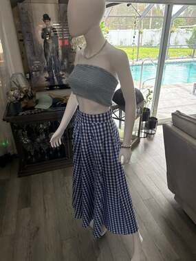 Women's Retro Plaid A-Line Pleated Swing Long Skirt, blue, white